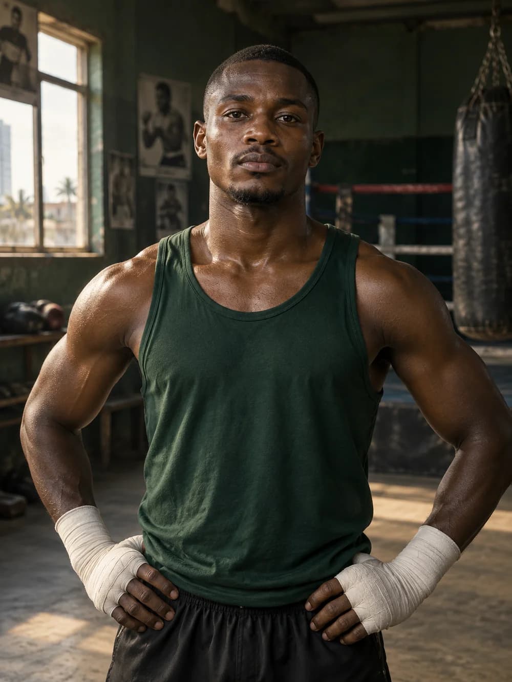 Portrait of Tunde Adeyemi in his boxing gym