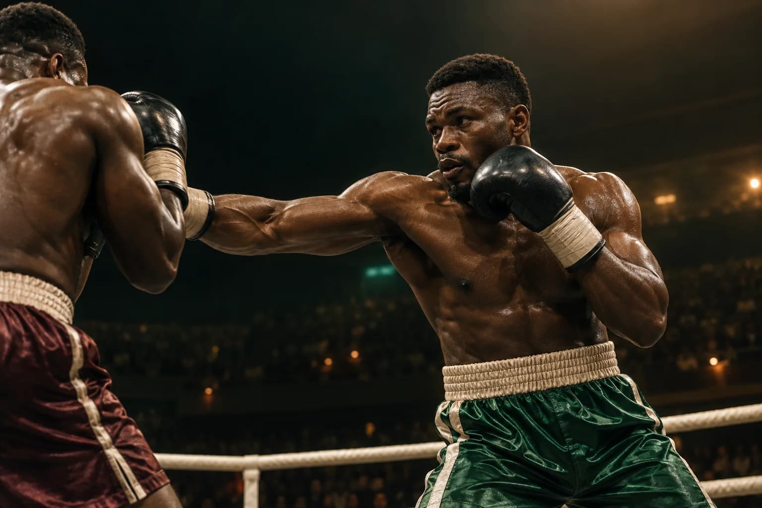Two boxers exchanging punches under warm arena lights